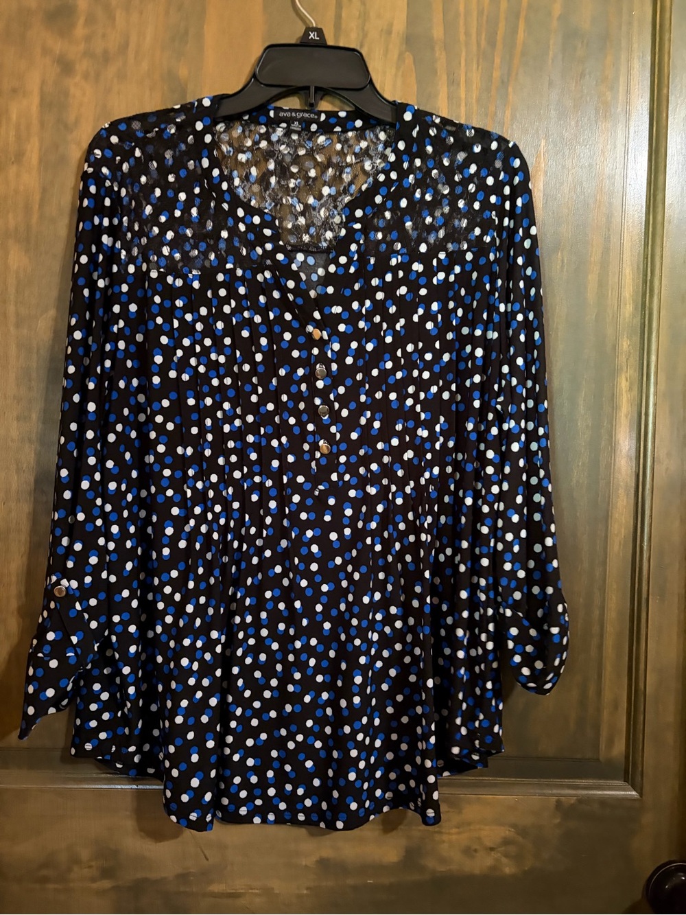 Ava & Grace Black Blouse with Blue and White Polka Dot Print and Lace Yoke